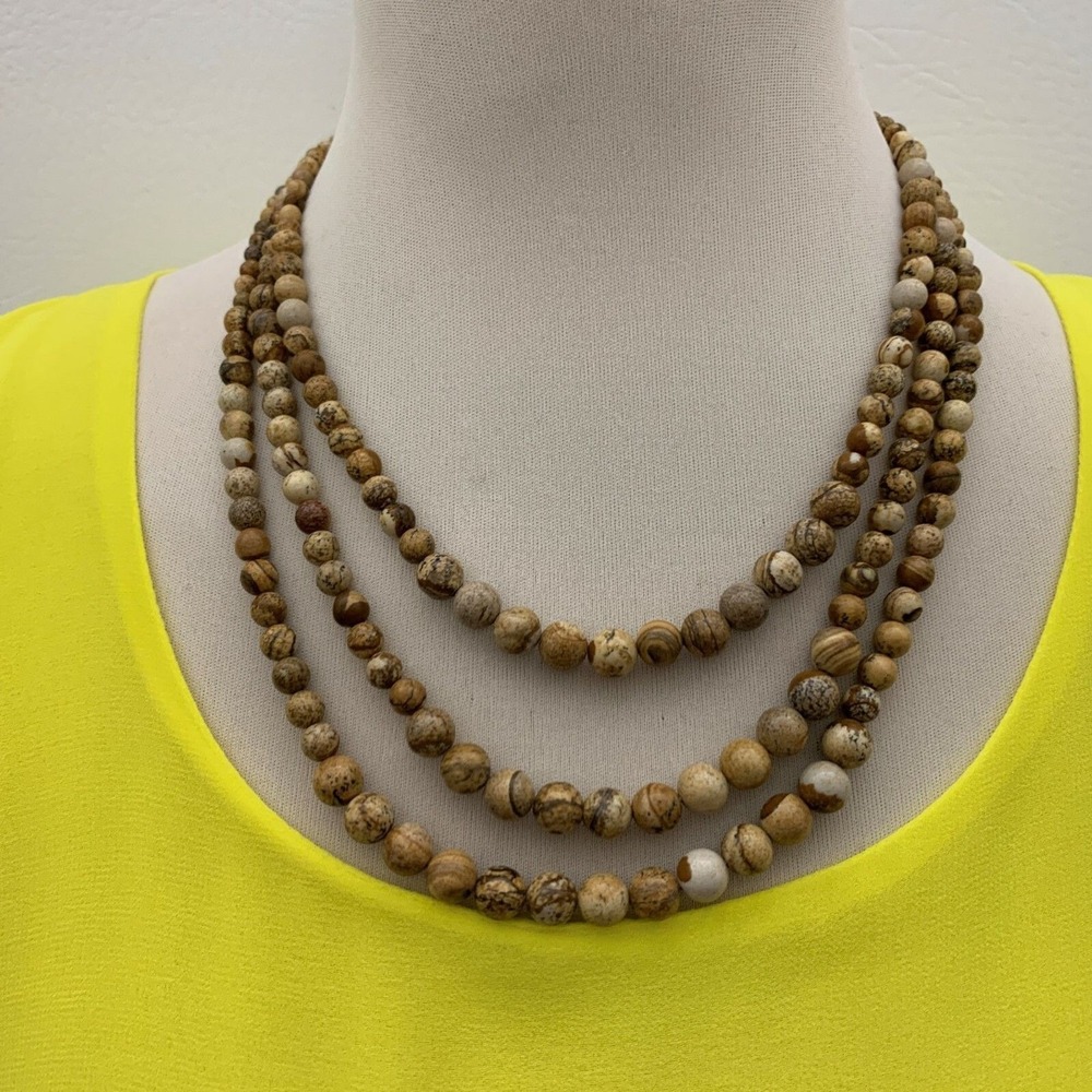 Necklace 3 Strands Round Stones Brown Beige Multi-color